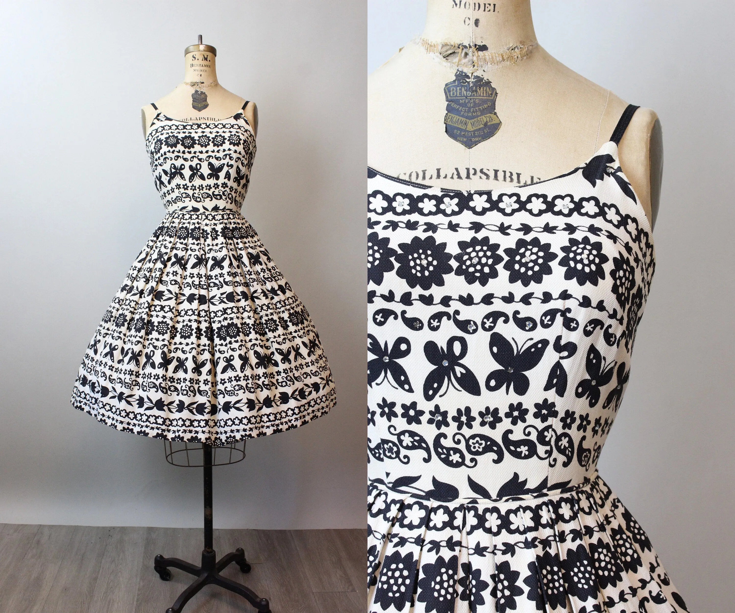 1950s cotton PIQUE BUTTERFLY print dress xs | new spring