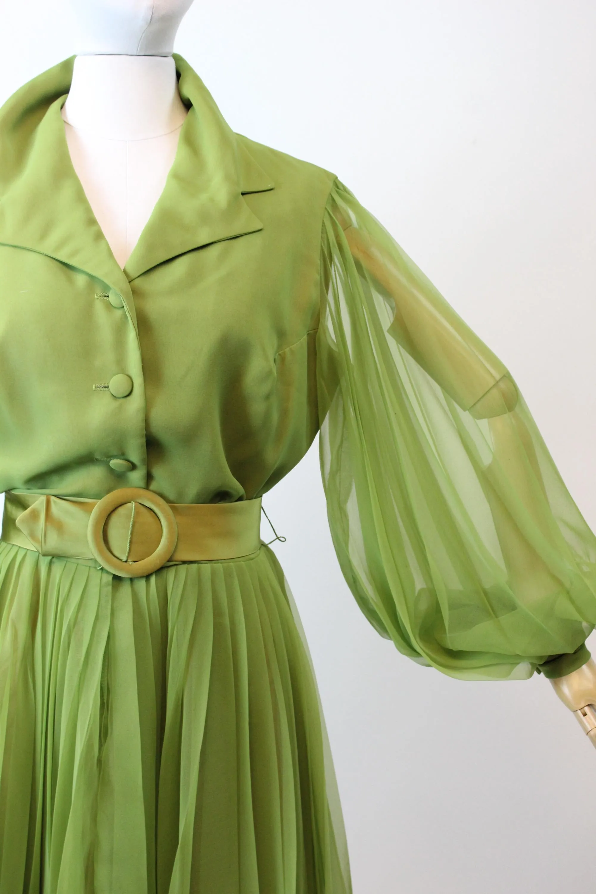 1960s MISS ELLIETTE olive balloon sleeves dress medium | new fall winter