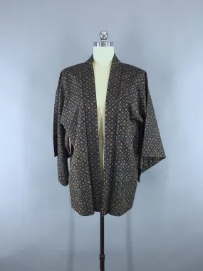 1970s Vintage Haori Kimono Cardigan Jacket in Black Ikat