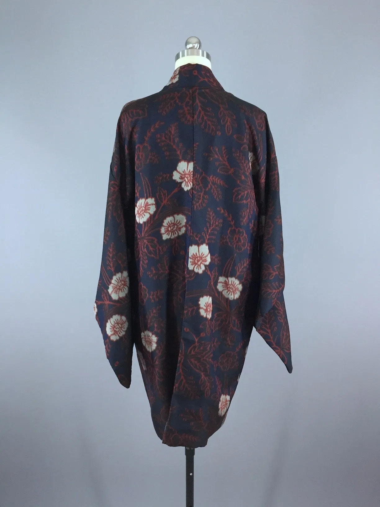 1980s Vintage Haori Kimono Cardigan / Navy and Red Floral Print