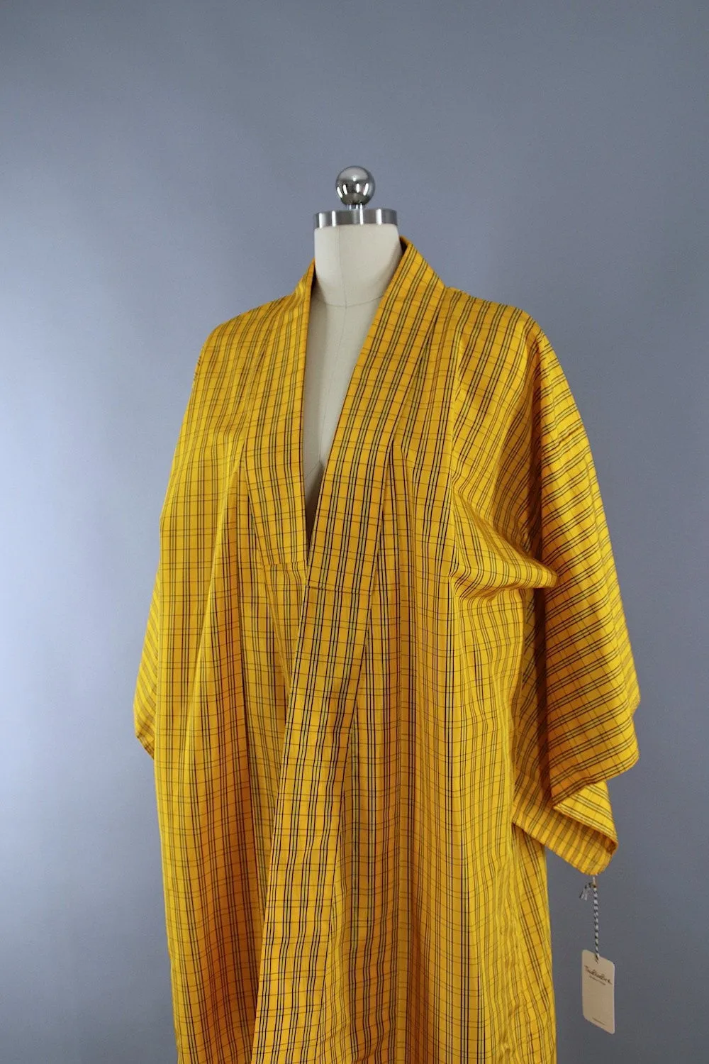 1980s Vintage Kimono Robe / Yellow Plaid