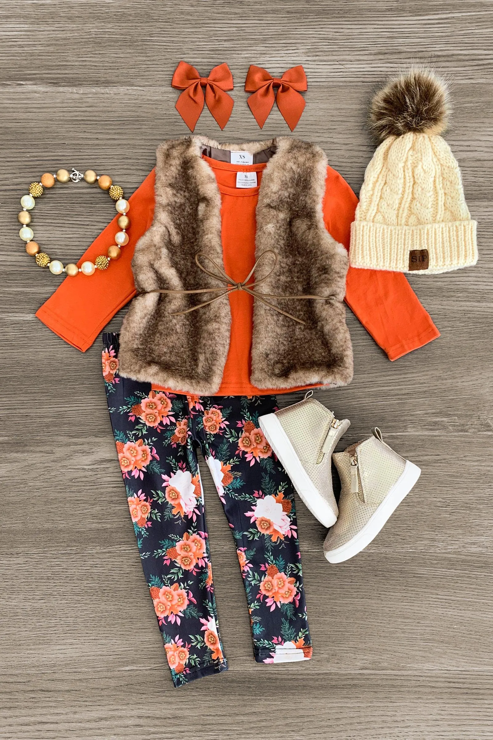 3 Piece - Orange Floral Fur Vest Set