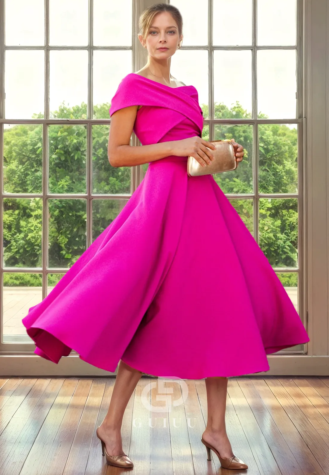 A-Line Off Shoulder Sleeveless Pleated Tea Length Mother of Bride Dress