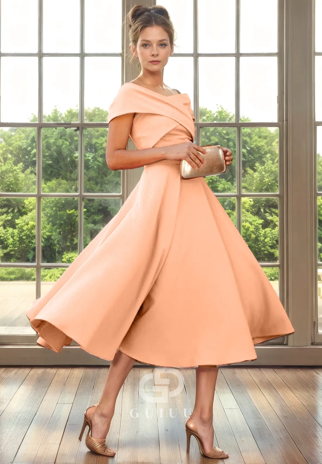 A-Line Off Shoulder Sleeveless Pleated Tea Length Mother of Bride Dress