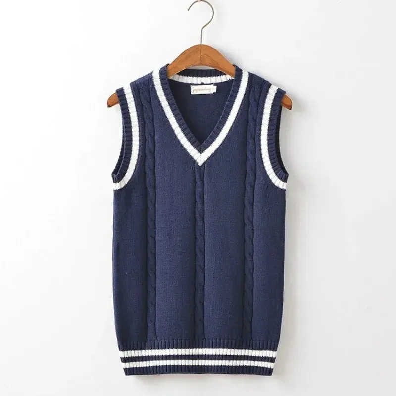 Aidase Striped White Knitted Sweaters for Men Blue Sleeveless Man Clothes V Neck Vest Red Waistcoat Jumpers Sweat-shirt Cigaret Cotton