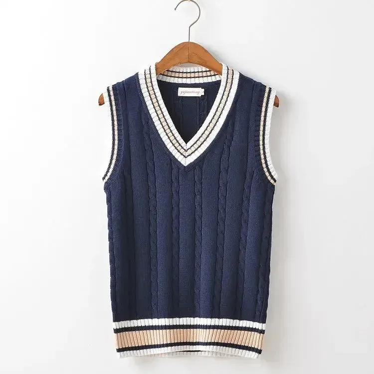 Aidase Striped White Knitted Sweaters for Men Blue Sleeveless Man Clothes V Neck Vest Red Waistcoat Jumpers Sweat-shirt Cigaret Cotton