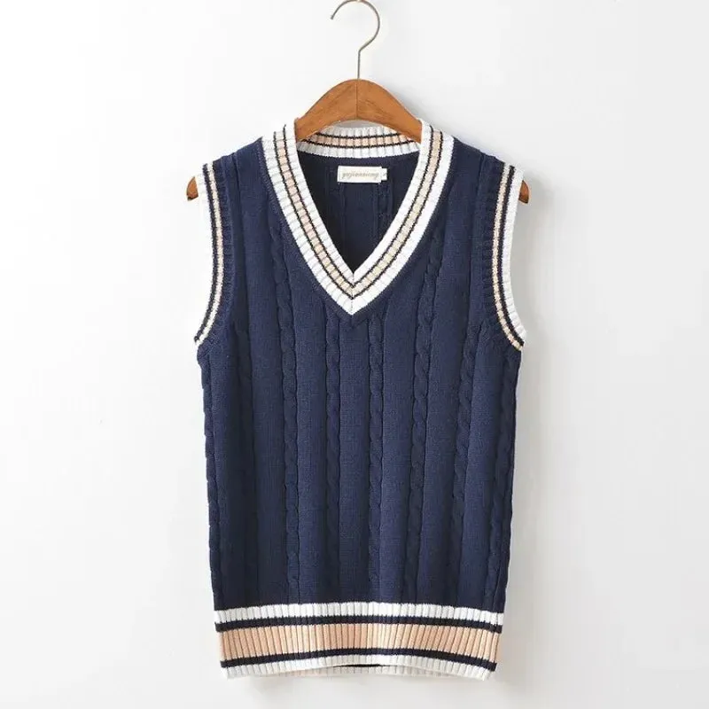 Aidase Striped White Knitted Sweaters for Men Blue Sleeveless Man Clothes V Neck Vest Red Waistcoat Jumpers Sweat-shirt Cigaret Cotton