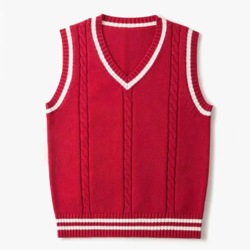 Aidase Striped White Knitted Sweaters for Men Blue Sleeveless Man Clothes V Neck Vest Red Waistcoat Jumpers Sweat-shirt Cigaret Cotton