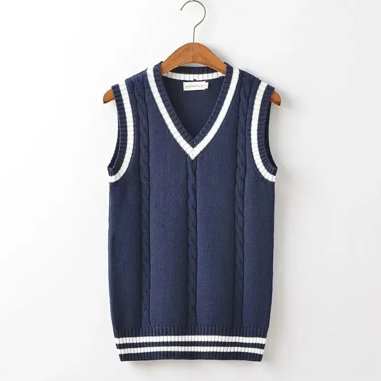 Aidase Striped White Knitted Sweaters for Men Blue Sleeveless Man Clothes V Neck Vest Red Waistcoat Jumpers Sweat-shirt Cigaret Cotton