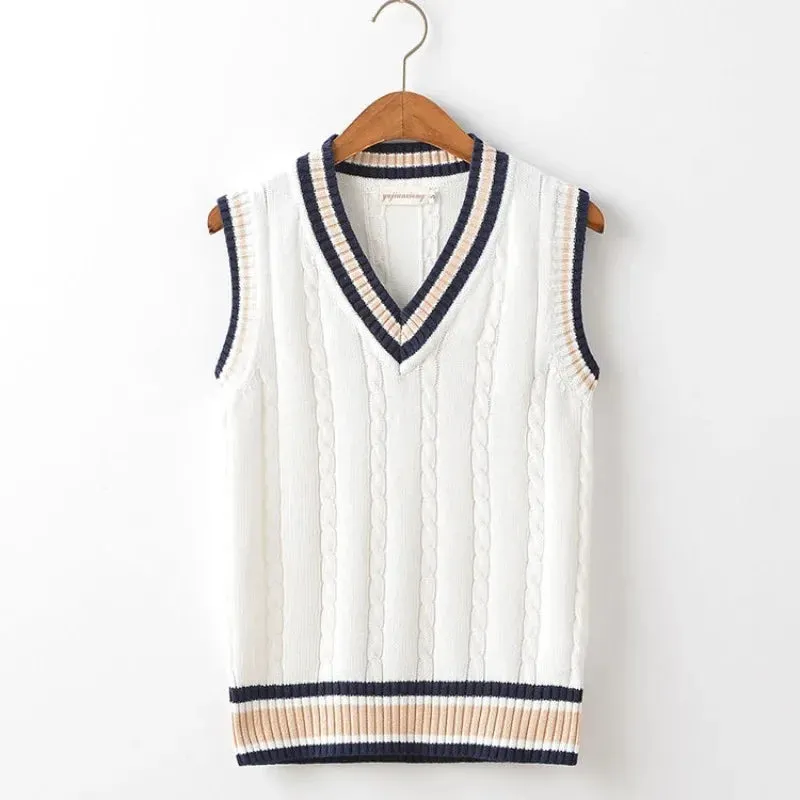 Aidase Striped White Knitted Sweaters for Men Blue Sleeveless Man Clothes V Neck Vest Red Waistcoat Jumpers Sweat-shirt Cigaret Cotton