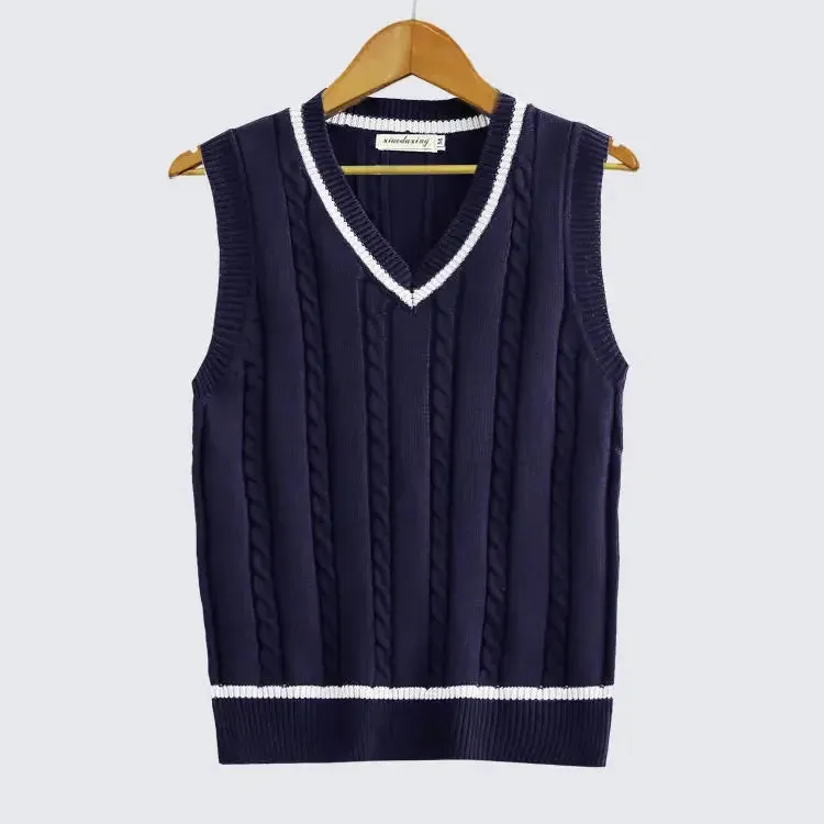 Aidase Striped White Knitted Sweaters for Men Blue Sleeveless Man Clothes V Neck Vest Red Waistcoat Jumpers Sweat-shirt Cigaret Cotton