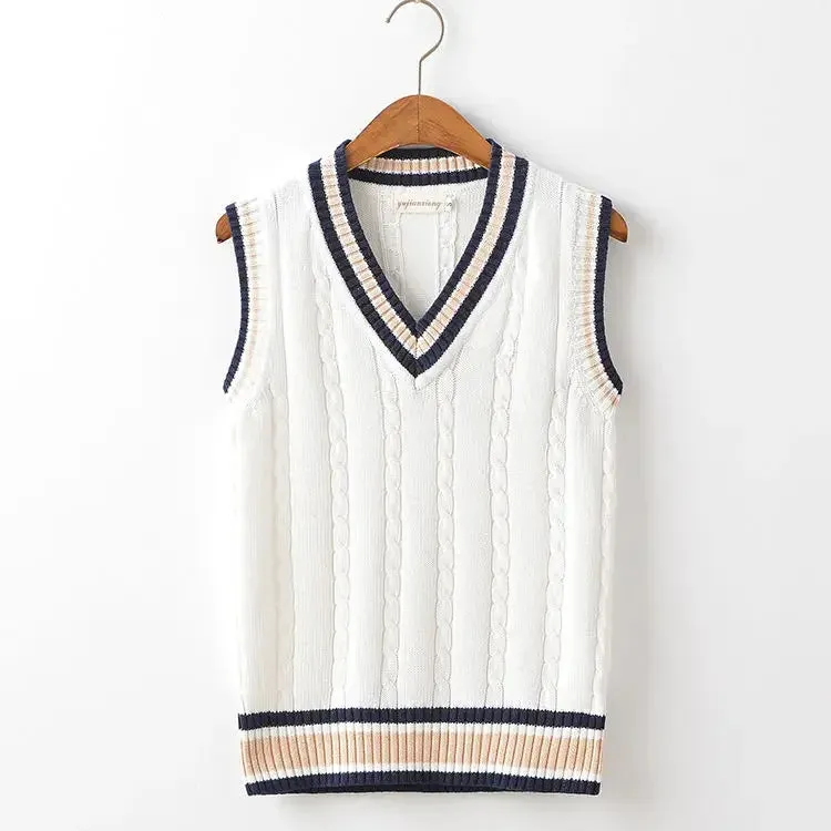 Aidase Striped White Knitted Sweaters for Men Blue Sleeveless Man Clothes V Neck Vest Red Waistcoat Jumpers Sweat-shirt Cigaret Cotton