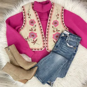 Amelia Corduroy Floral Embroidered Vest - Ecru