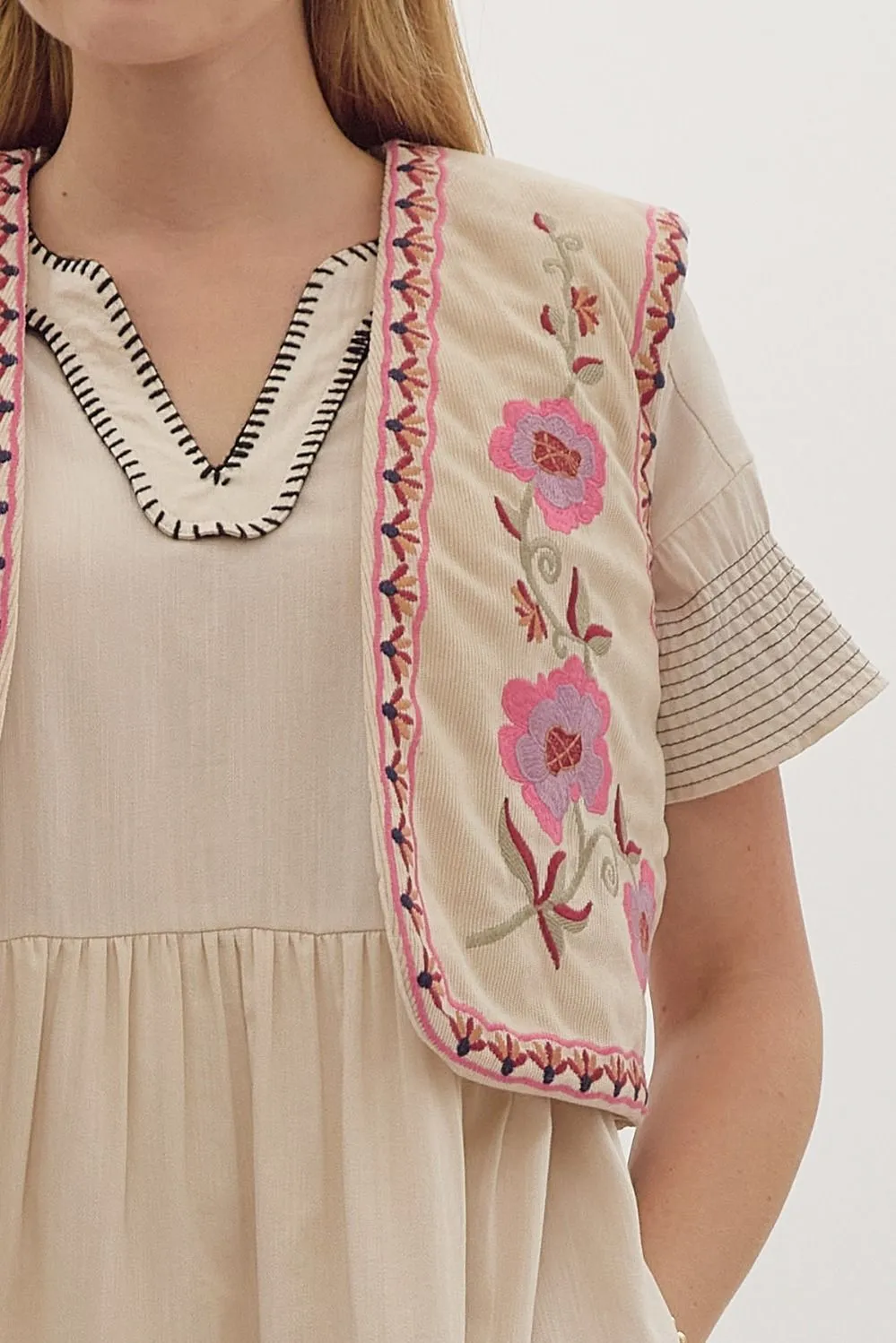 Amelia Corduroy Floral Embroidered Vest - Ecru