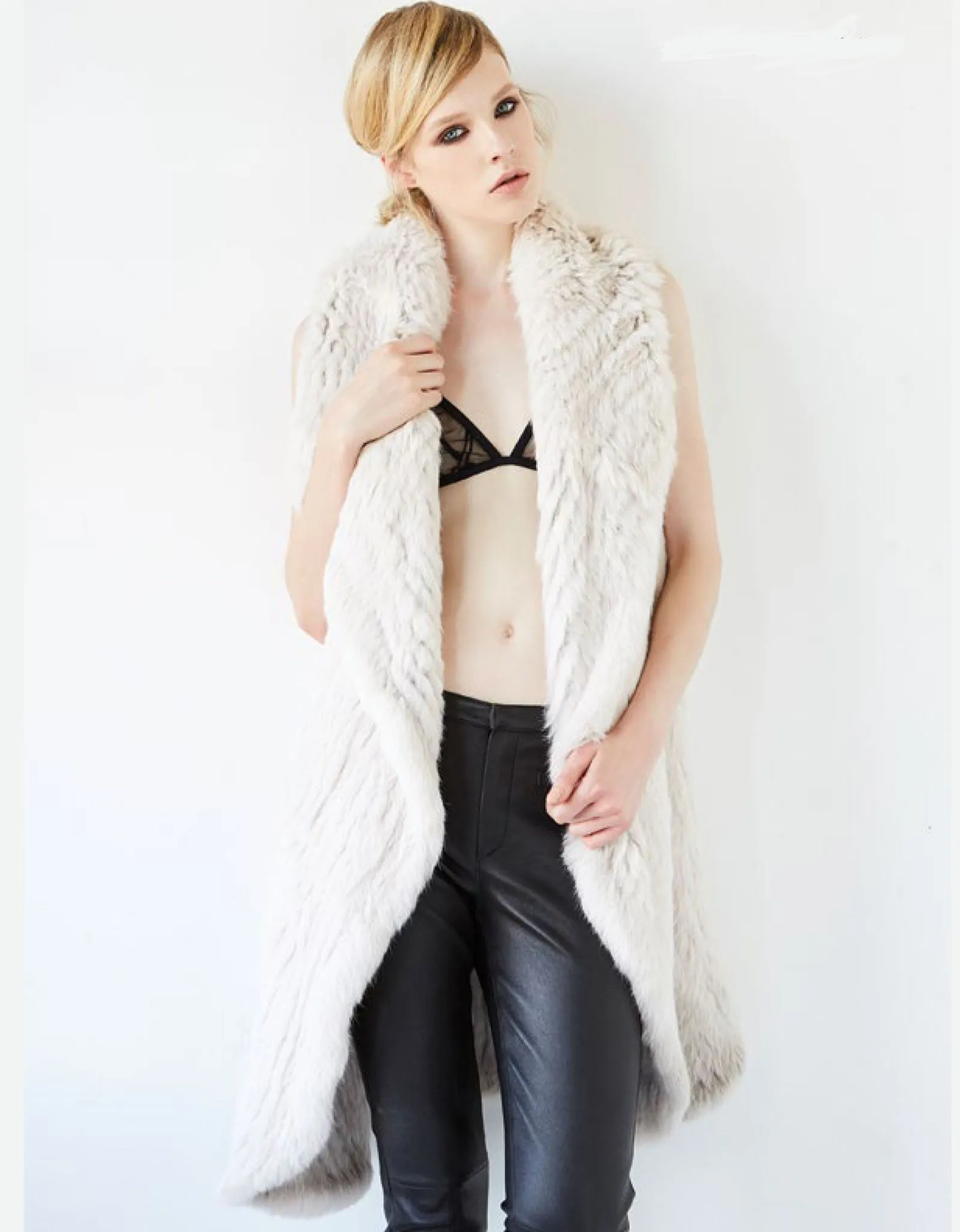 Arielle Mix It Up Rabbit Fur Vest in Stone