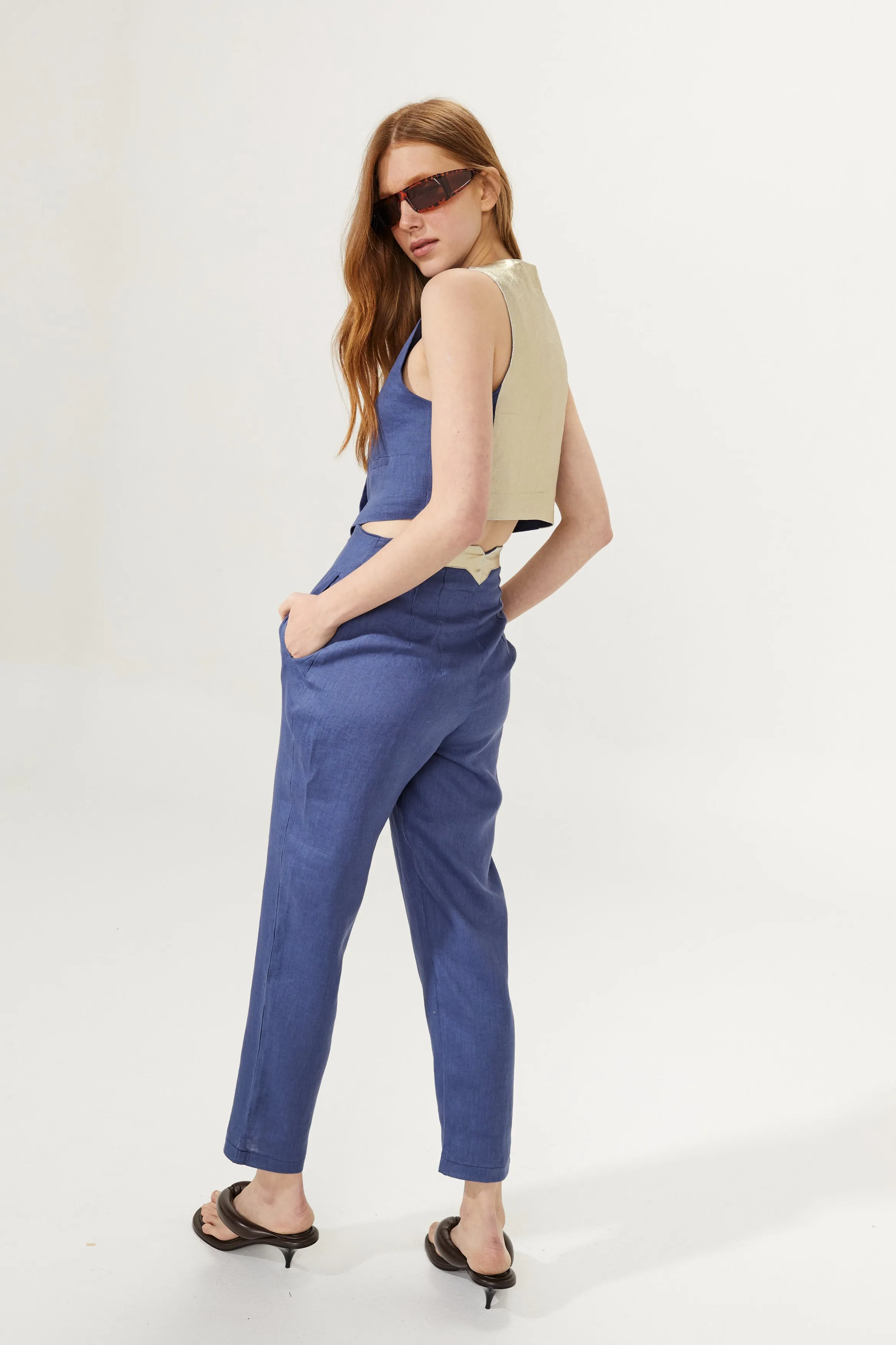 Aurora Linen Vest - Deep Blue with Gold