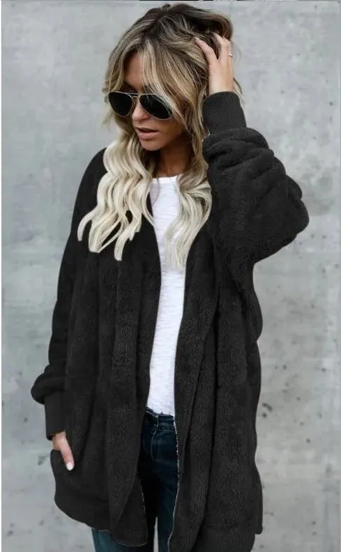 Autumn Winter Double Fleece Cardigan Jacket Women Solid Color Long Sleeve Plush Warm Hooded Lady Jacket Oversized Outerwear Coat