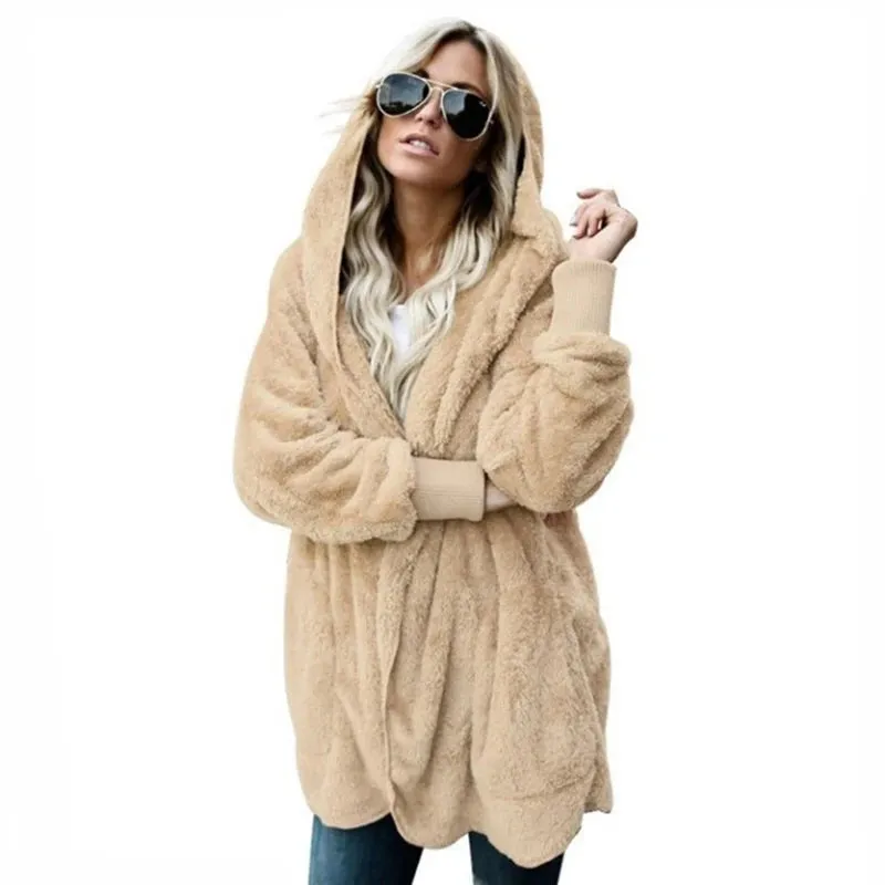 Autumn Winter Double Fleece Cardigan Jacket Women Solid Color Long Sleeve Plush Warm Hooded Lady Jacket Oversized Outerwear Coat