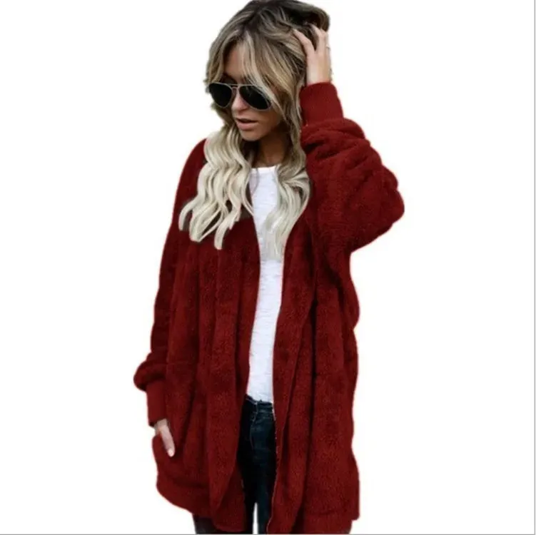 Autumn Winter Double Fleece Cardigan Jacket Women Solid Color Long Sleeve Plush Warm Hooded Lady Jacket Oversized Outerwear Coat