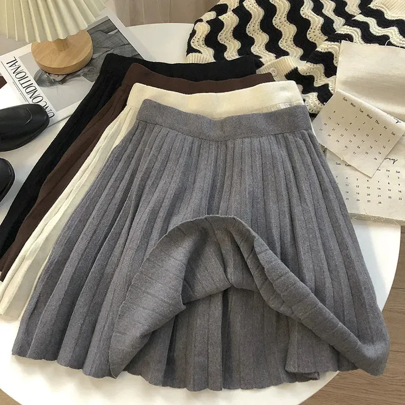 Autumn/winter New Preppy Style High-waisted Solid Color Knit Mini Dress Versatile Slim Fit Wool Skirt Trendy