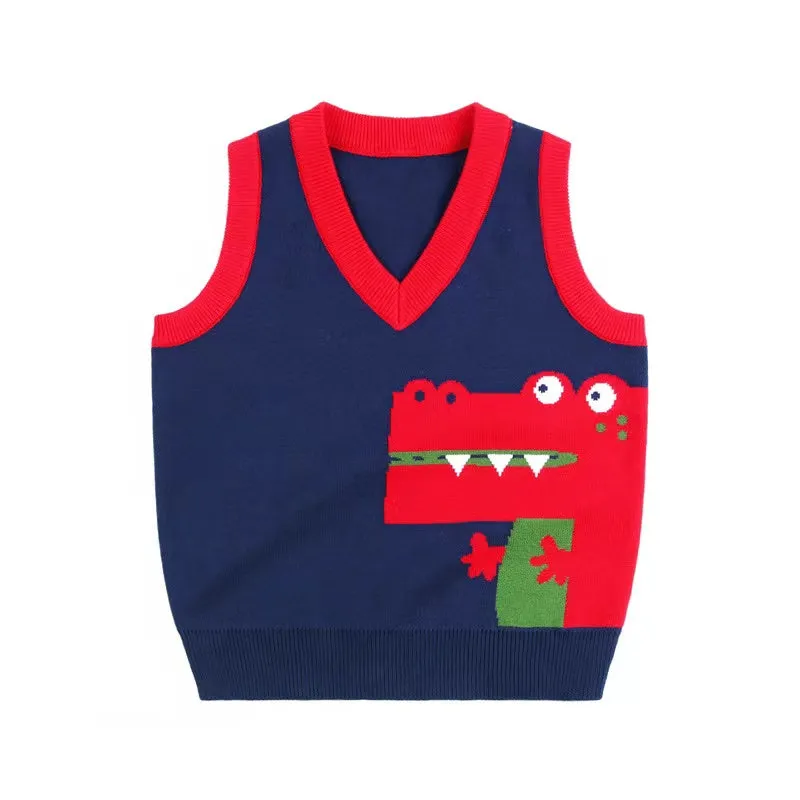 Baby Boy Cartoon Graphic Contrast Design V-Neck Sleeveless Knitted Vest Sweater by MyKids-USA™