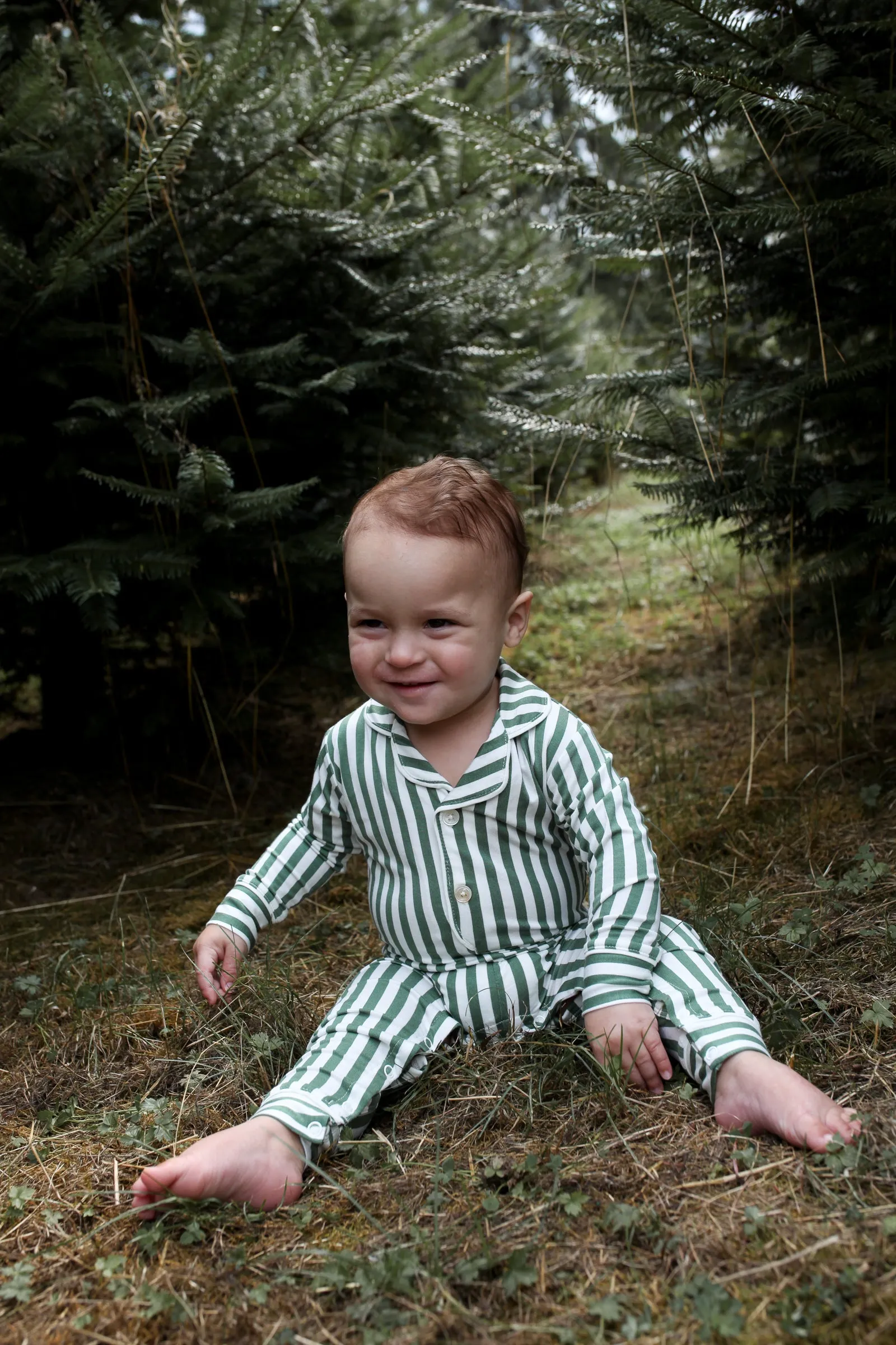 Baby Collared Romper - GREEN STRIPE