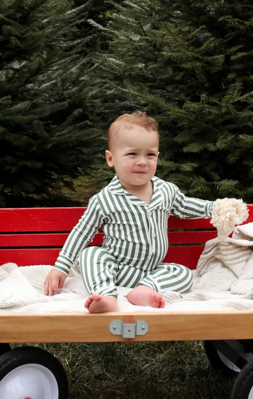 Baby Collared Romper - GREEN STRIPE