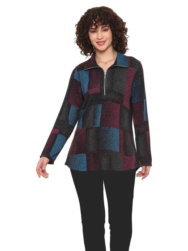 Bella Zippered Pullover Long Sleeve Top - Blue / Purple  24w246c17