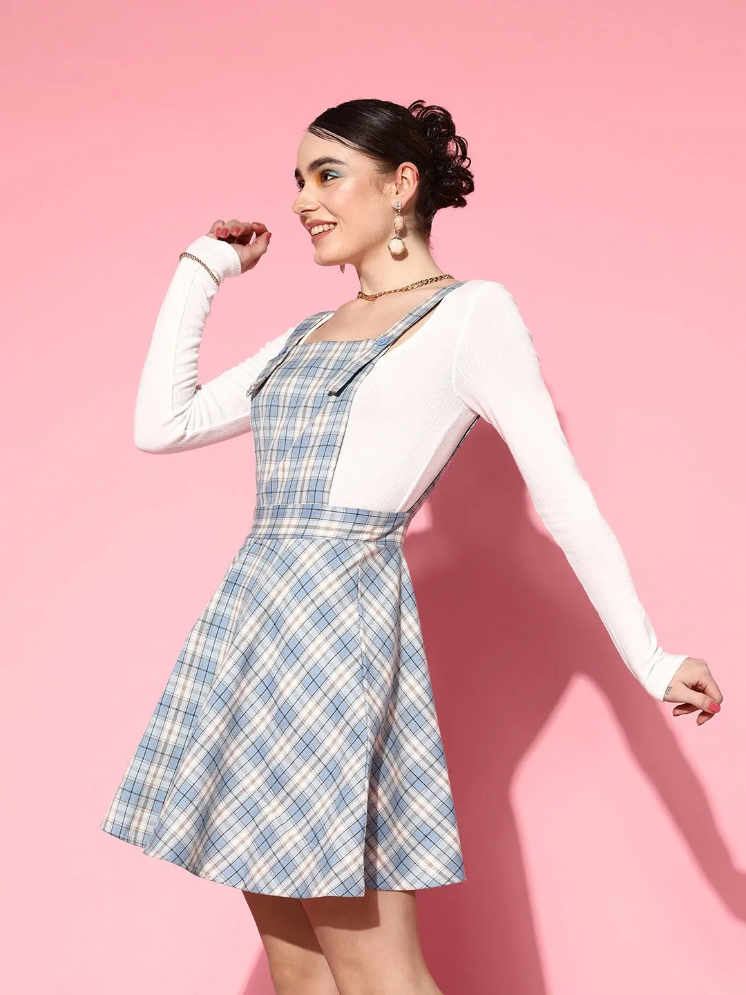 Berrylush Women Blue & White Checked Pattern Square Neck Crepe Button-Up Flared Pinafore Mini Dress