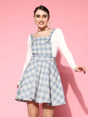 Berrylush Women Blue & White Checked Pattern Square Neck Crepe Button-Up Flared Pinafore Mini Dress