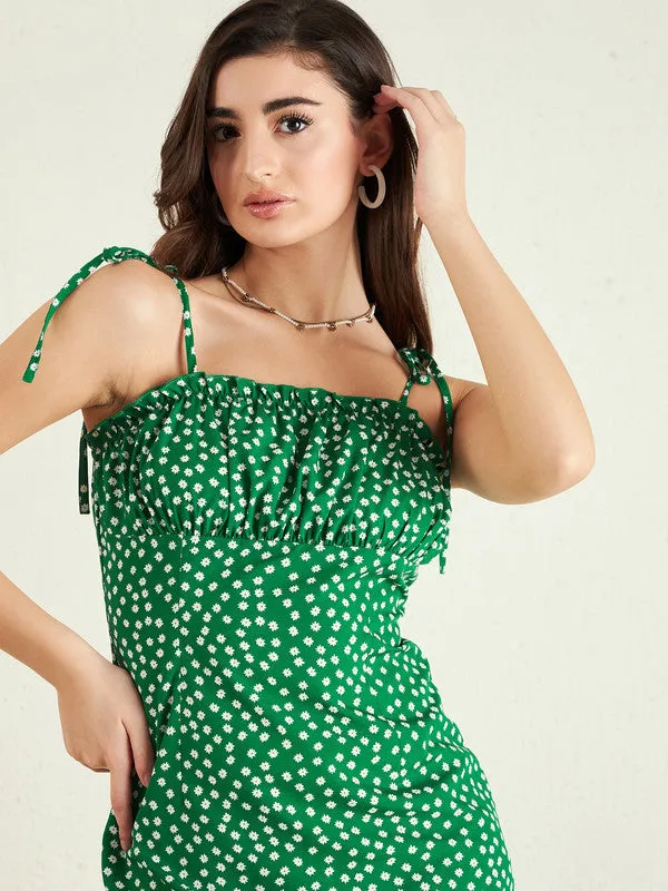 Berrylush Women Green & White Floral Printed Square Neck Tie-Up Straps Crepe Straight Hem Empire Mini Dress