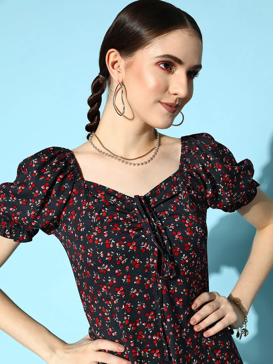 Berrylush Women Navy Blue & Red Floral Printed Tie-Up Neck Flounce Hem Pleated A-Line Midi Dress