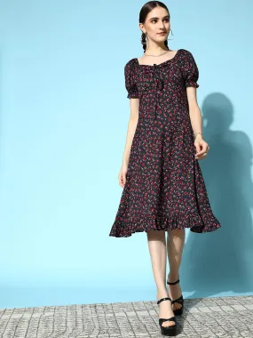 Berrylush Women Navy Blue & Red Floral Printed Tie-Up Neck Flounce Hem Pleated A-Line Midi Dress