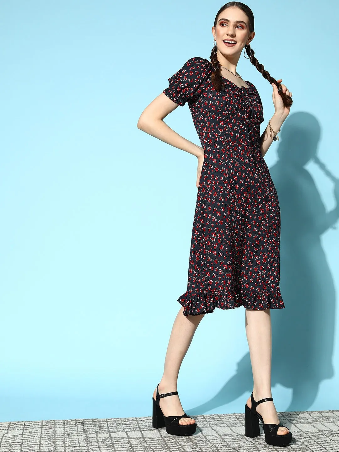 Berrylush Women Navy Blue & Red Floral Printed Tie-Up Neck Flounce Hem Pleated A-Line Midi Dress