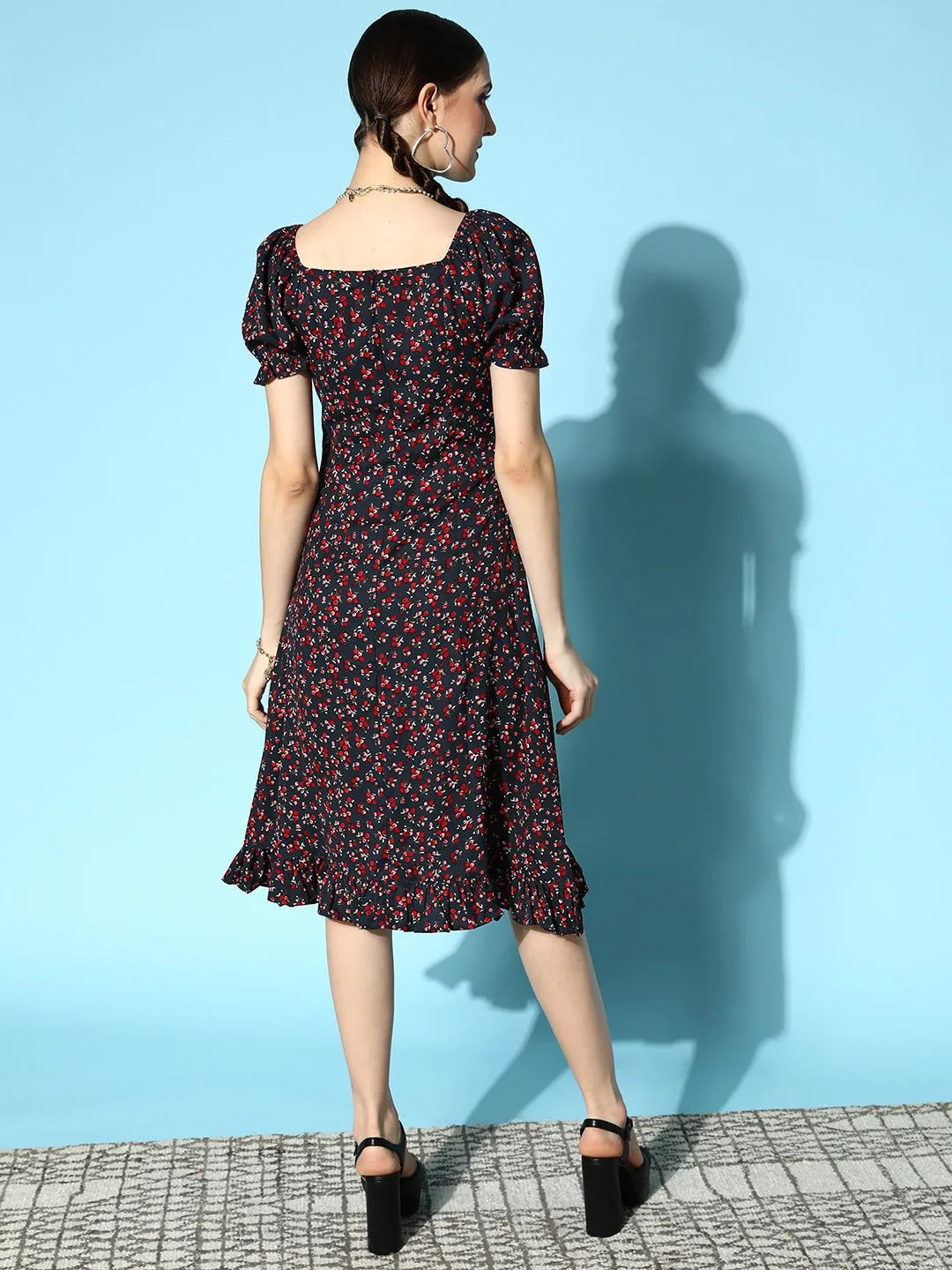 Berrylush Women Navy Blue & Red Floral Printed Tie-Up Neck Flounce Hem Pleated A-Line Midi Dress