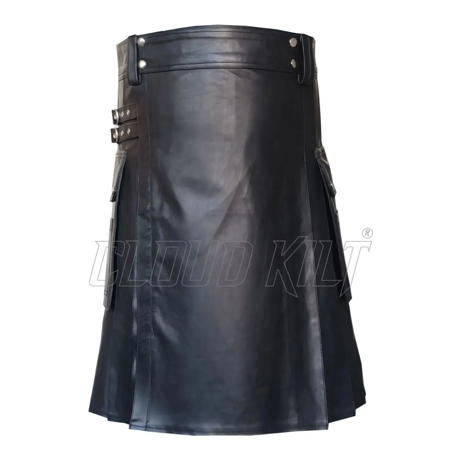 Black Cow Leather Utility Kilt With Cargo Pockets