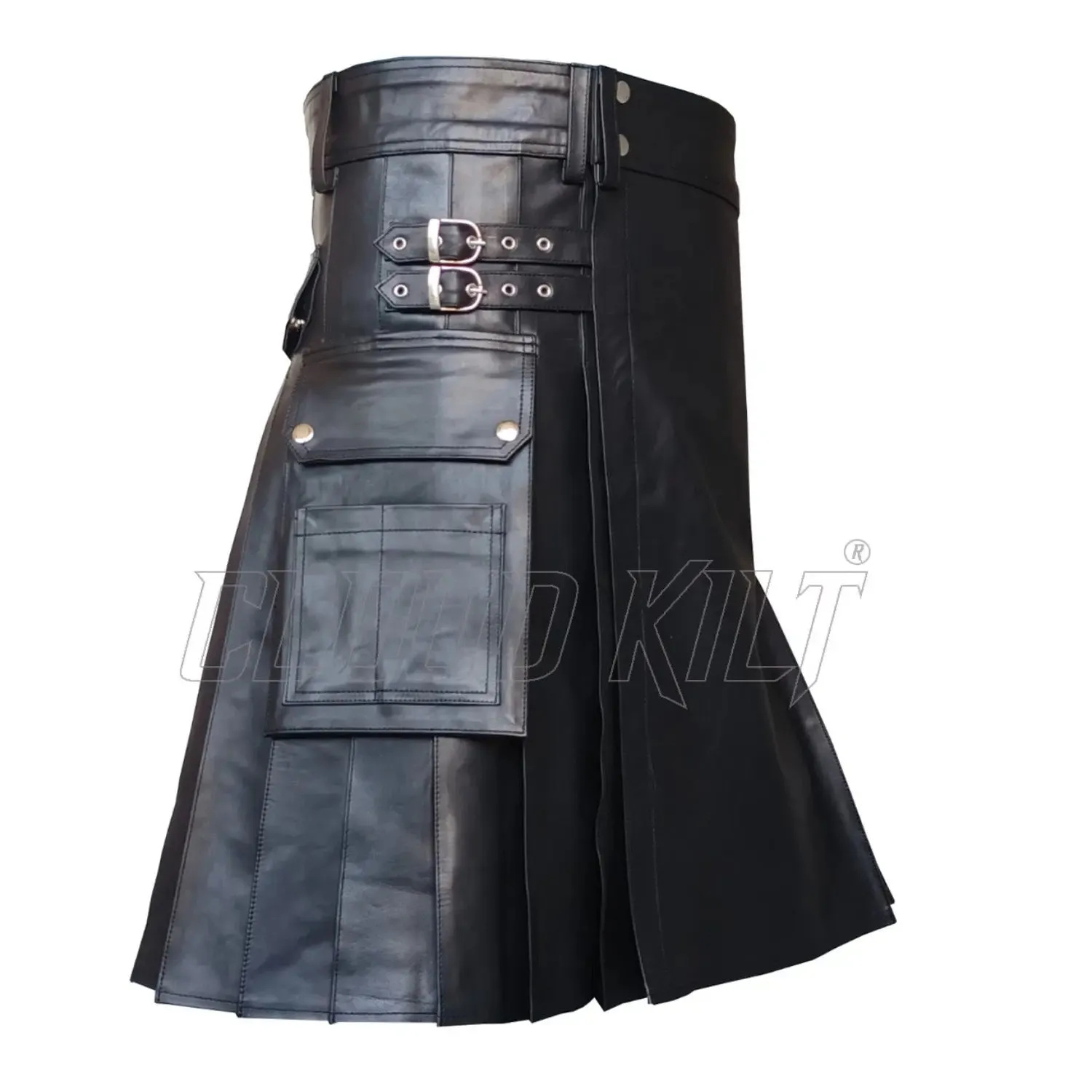 Black Cow Leather Utility Kilt With Cargo Pockets