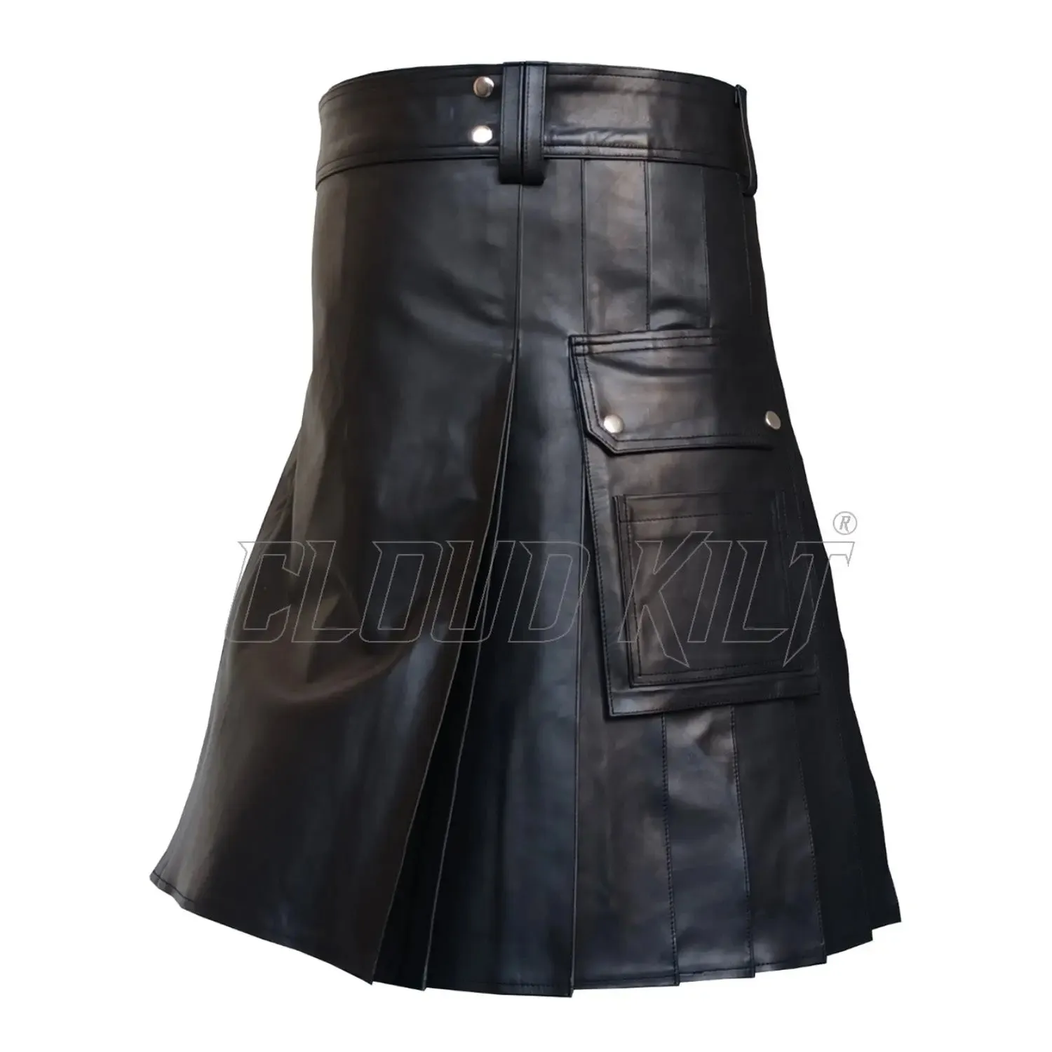 Black Cow Leather Utility Kilt With Cargo Pockets