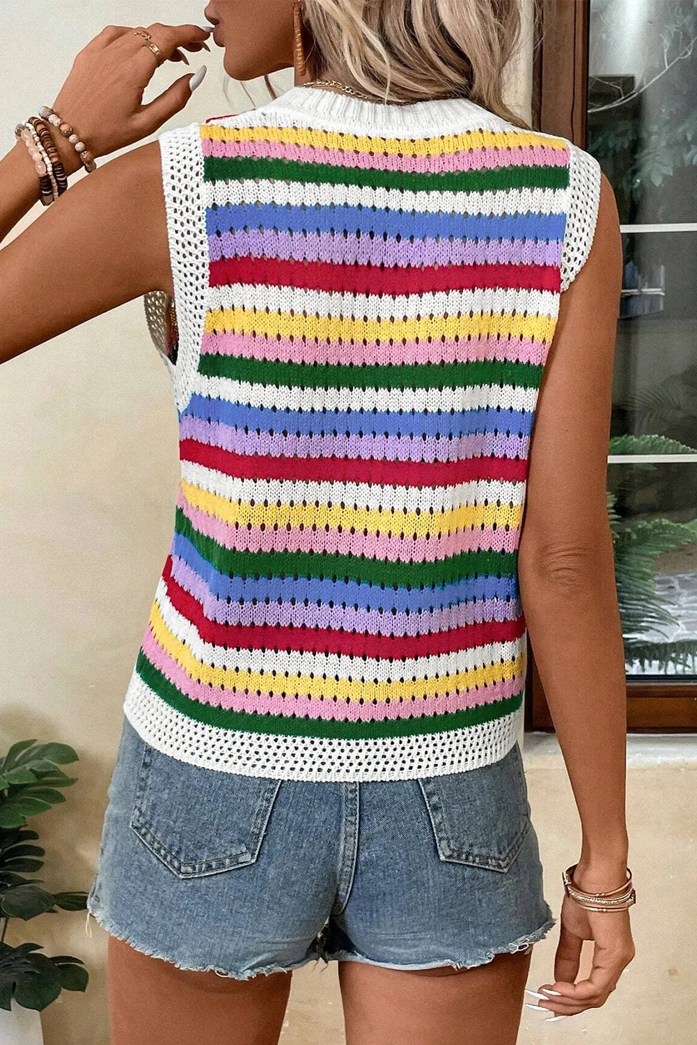 Blue Zone Planet |  Multicolour Striped Knitted Eyelet Slim Sweater Vest