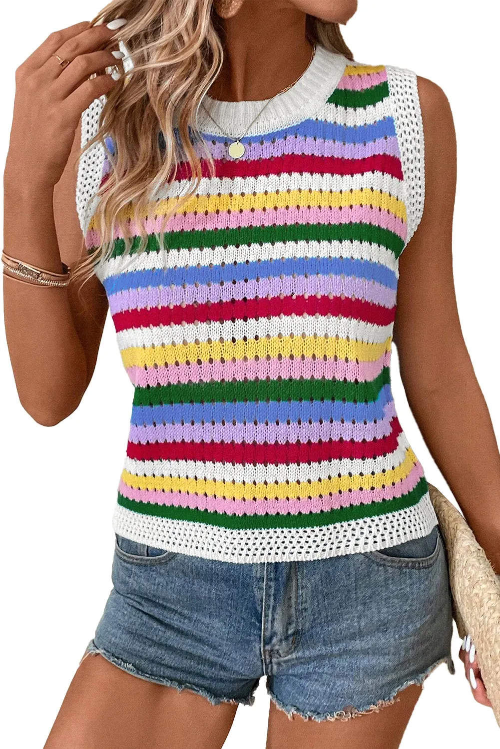 Blue Zone Planet |  Multicolour Striped Knitted Eyelet Slim Sweater Vest