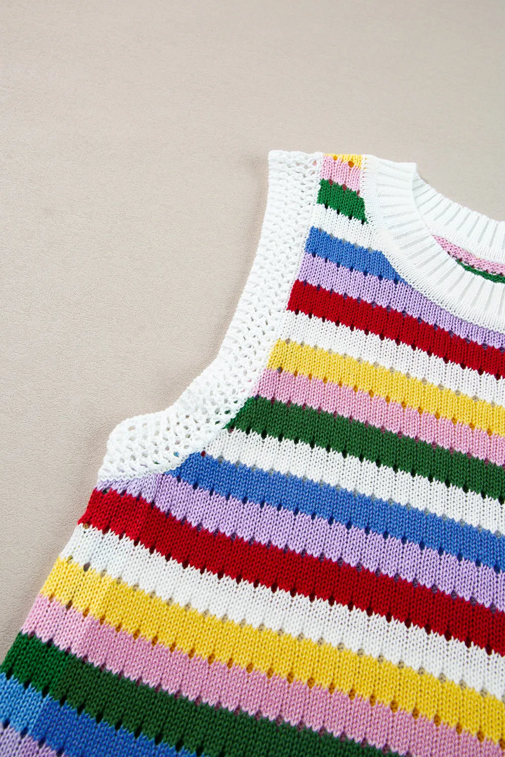 Blue Zone Planet |  Multicolour Striped Knitted Eyelet Slim Sweater Vest