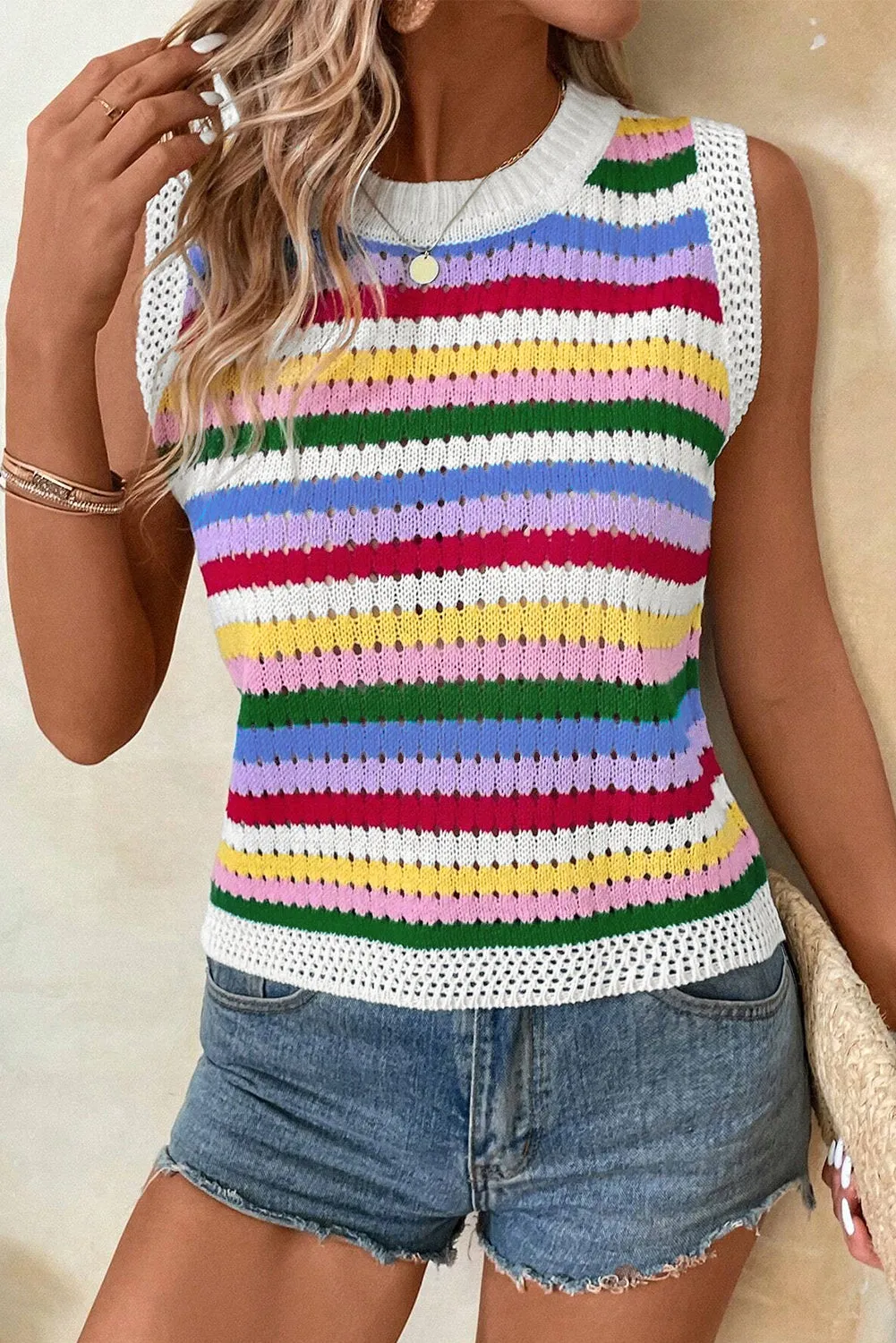 Blue Zone Planet |  Multicolour Striped Knitted Eyelet Slim Sweater Vest