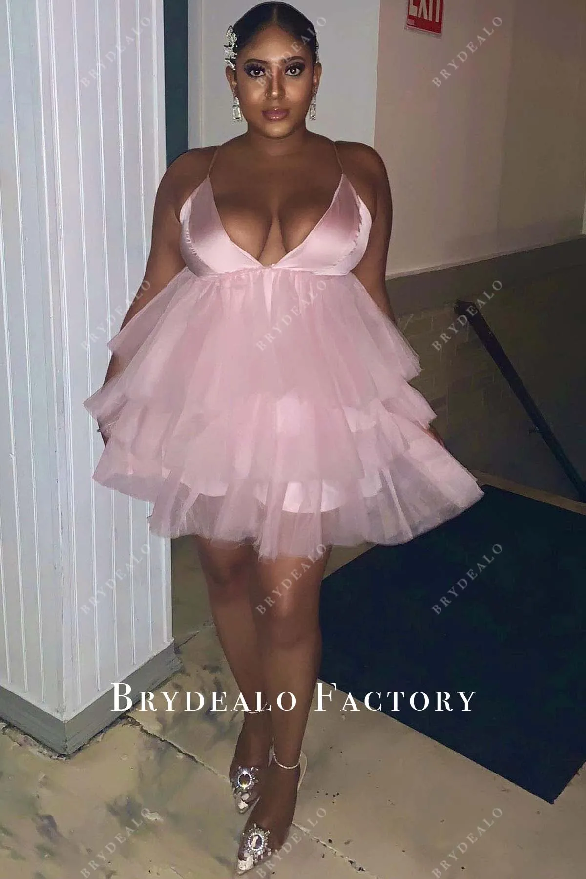 Blushing Pink Plunging V-neck Tiered Tulle Empire Short Dress