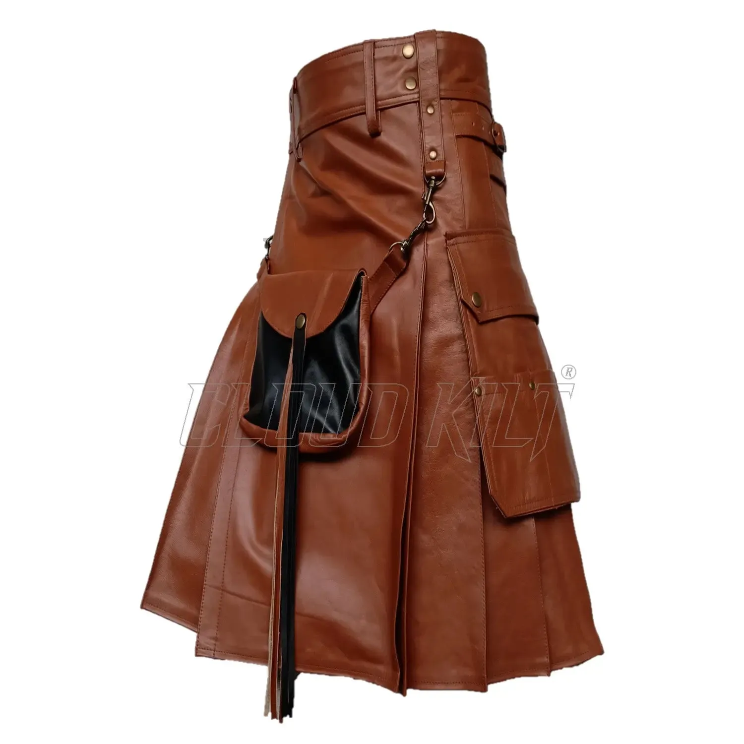 Brown Real Cow Leather Utility Kilt With Front Sporran