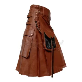 Brown Real Cow Leather Utility Kilt With Front Sporran