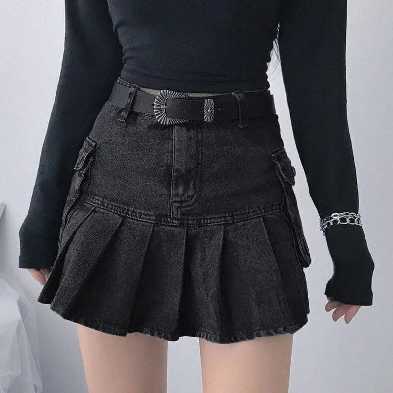 Cargo Side Pocket Belt Loop Pleated Denim Mini Skirt