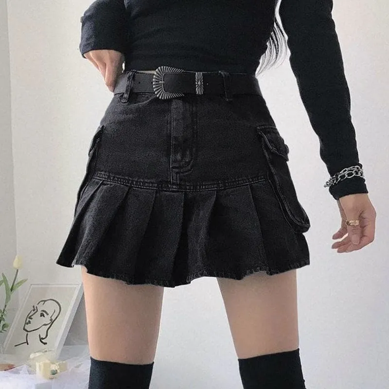 Cargo Side Pocket Belt Loop Pleated Denim Mini Skirt