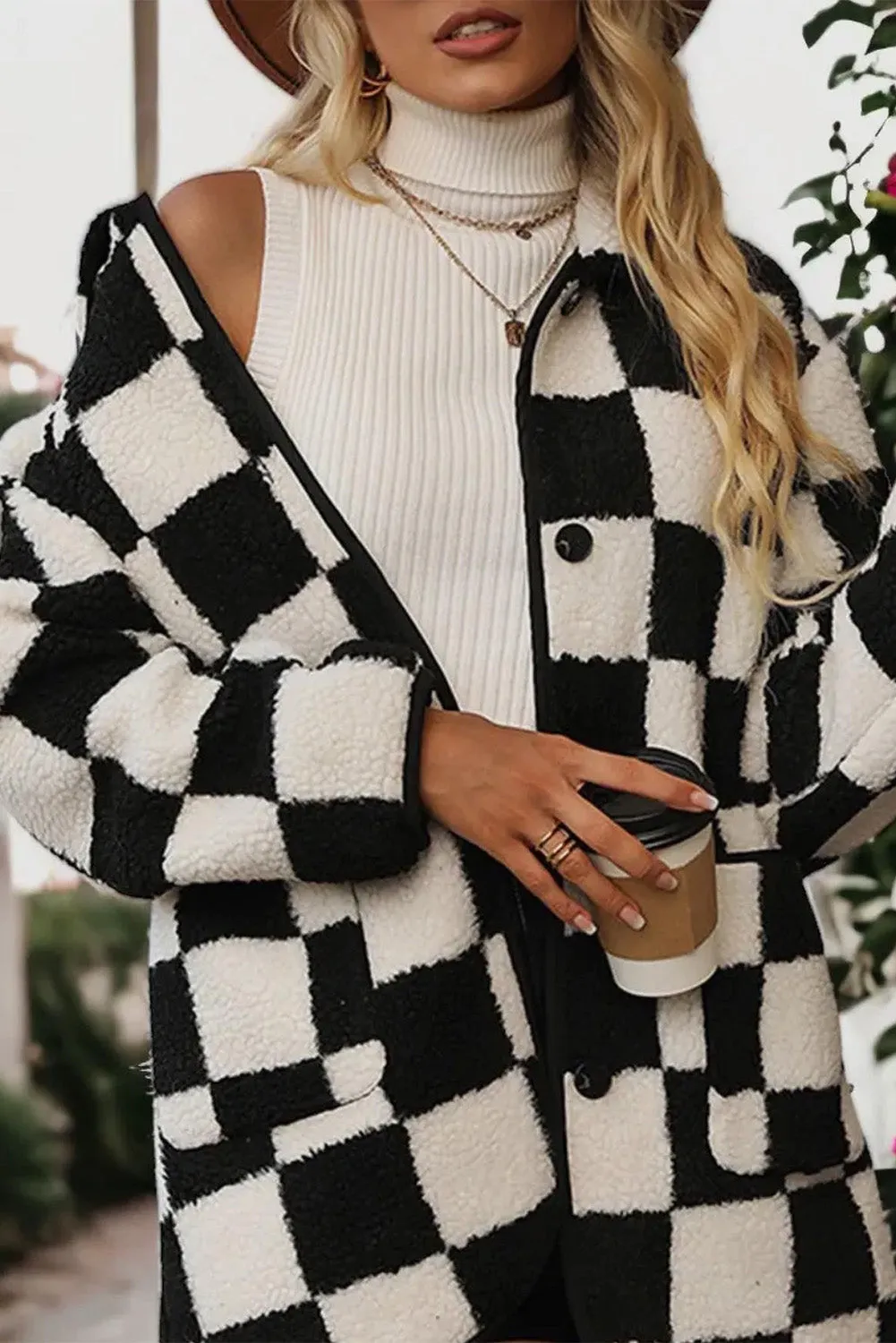 Checker Fleece Buttoned Jacket