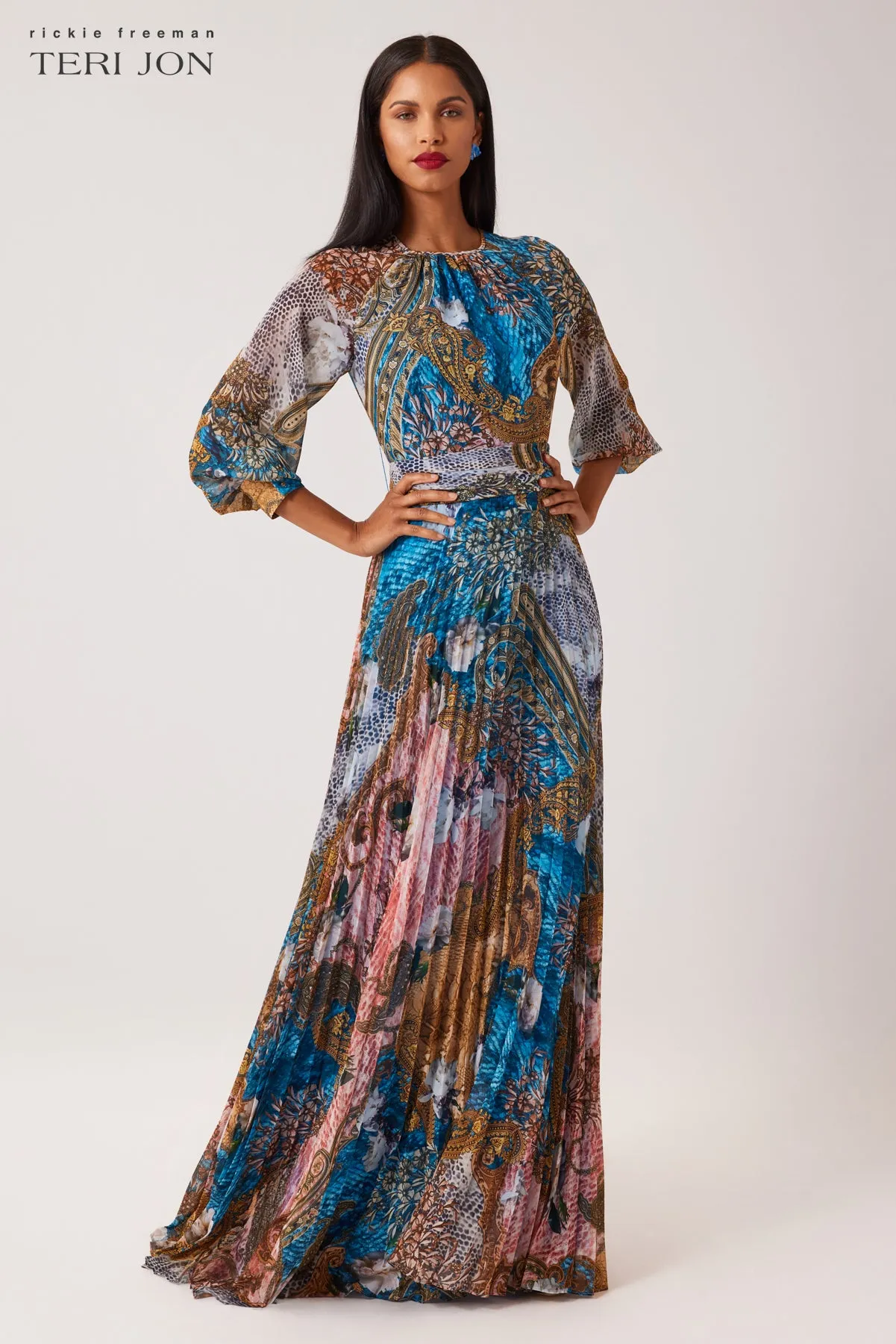 Chiffon Paisley Pleated Maxi Gown