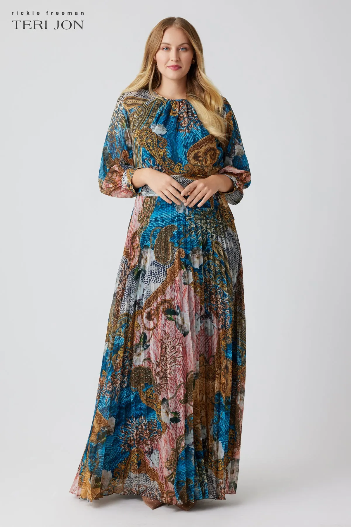 Chiffon Paisley Pleated Maxi Gown